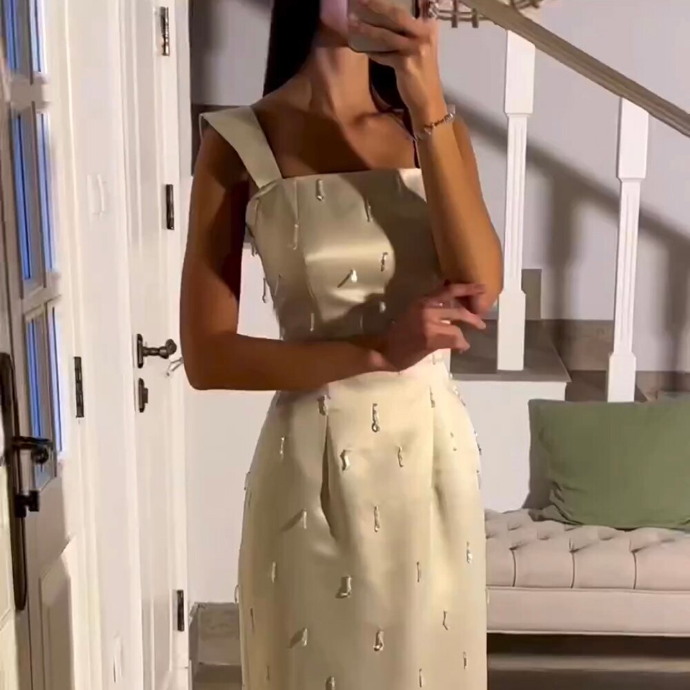 Vestidos de noche de lujo para mujer, estilo sirena, elegantes, color beige árabe, hasta el tobillo, con cuentas y cristales, para fiestas (LA71914) 