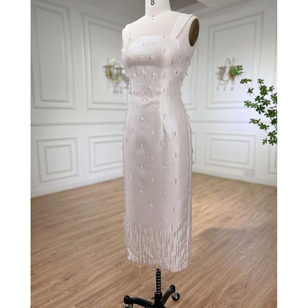 Vestidos de noche de lujo para mujer, estilo sirena, elegantes, color beige árabe, hasta el tobillo, con cuentas y cristales, para fiestas (LA71914) 