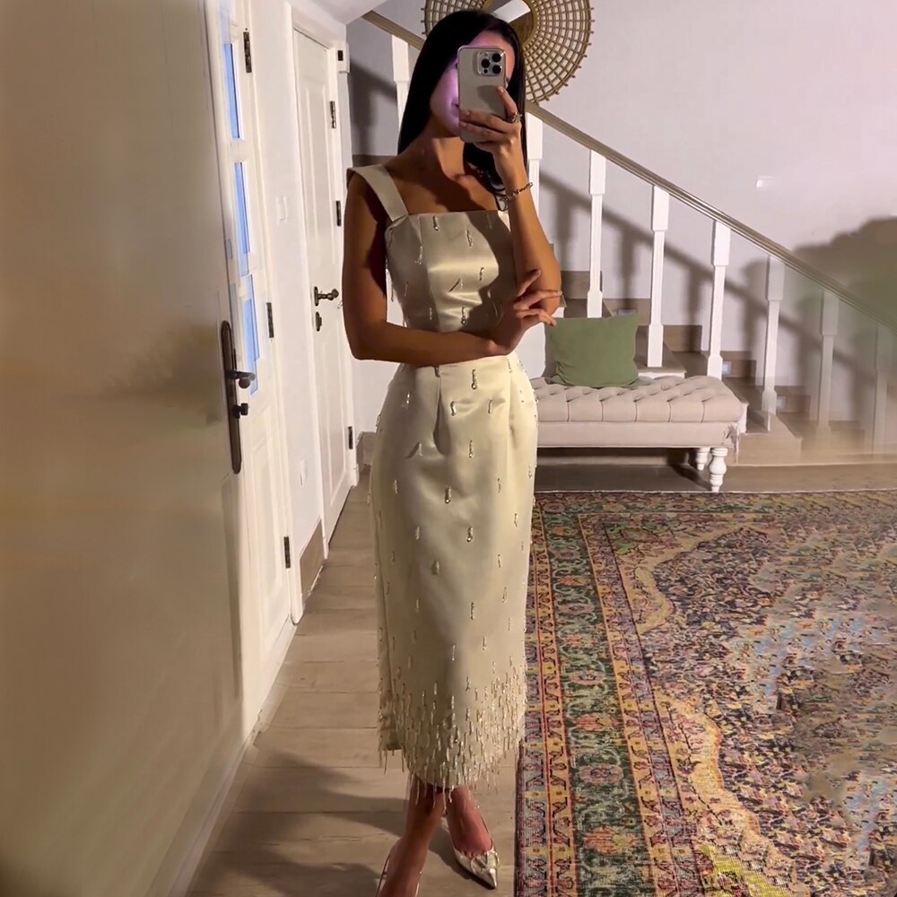Vestidos de noche de lujo para mujer, estilo sirena, elegantes, color beige árabe, hasta el tobillo, con cuentas y cristales, para fiestas (LA71914) 