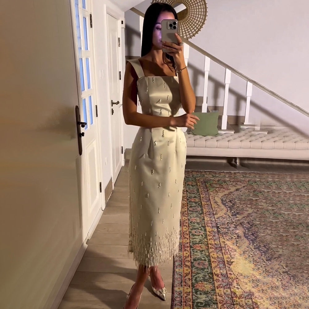 Vestidos de noche de lujo para mujer, estilo sirena, elegantes, color beige árabe, hasta el tobillo, con cuentas y cristales, para fiestas (LA71914) 