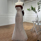 Vestidos de noche árabes color beige, elegantes, sexys, sin tirantes, con cuentas, estilo sirena, colección 2025, para mujer, ideales para bodas y fiestas (LA72065) 