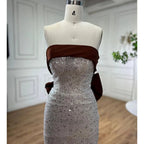Vestidos de noche árabes color beige, elegantes, sexys, sin tirantes, con cuentas, estilo sirena, colección 2025, para mujer, ideales para bodas y fiestas (LA72065) 