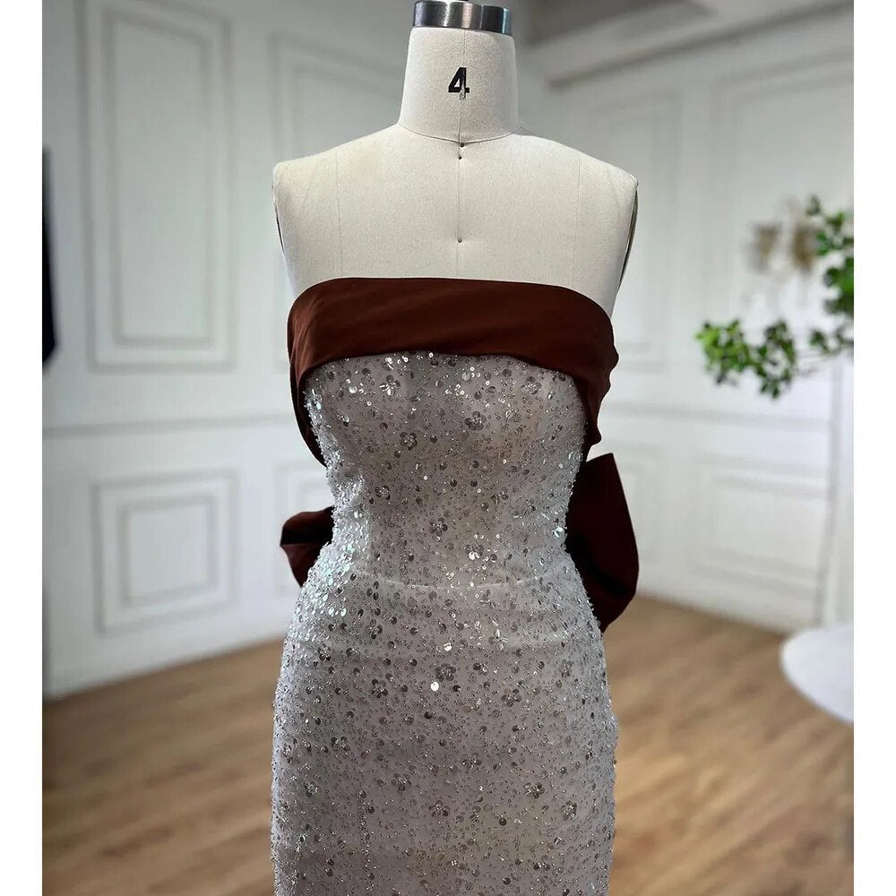 Vestidos de noche árabes color beige, elegantes, sexys, sin tirantes, con cuentas, estilo sirena, colección 2025, para mujer, ideales para bodas y fiestas (LA72065) 
