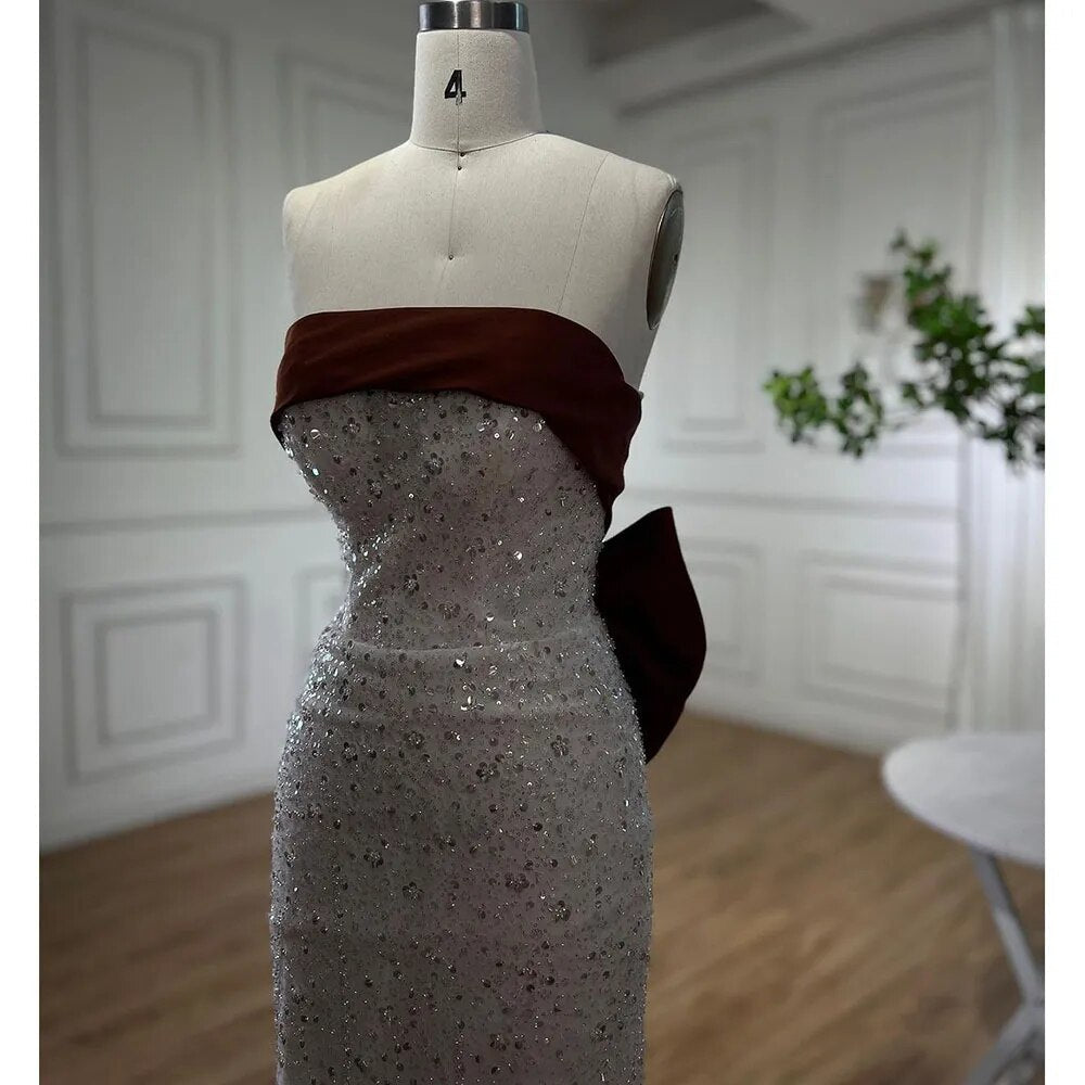 Vestidos de noche árabes color beige, elegantes, sexys, sin tirantes, con cuentas, estilo sirena, colección 2025, para mujer, ideales para bodas y fiestas (LA72065) 