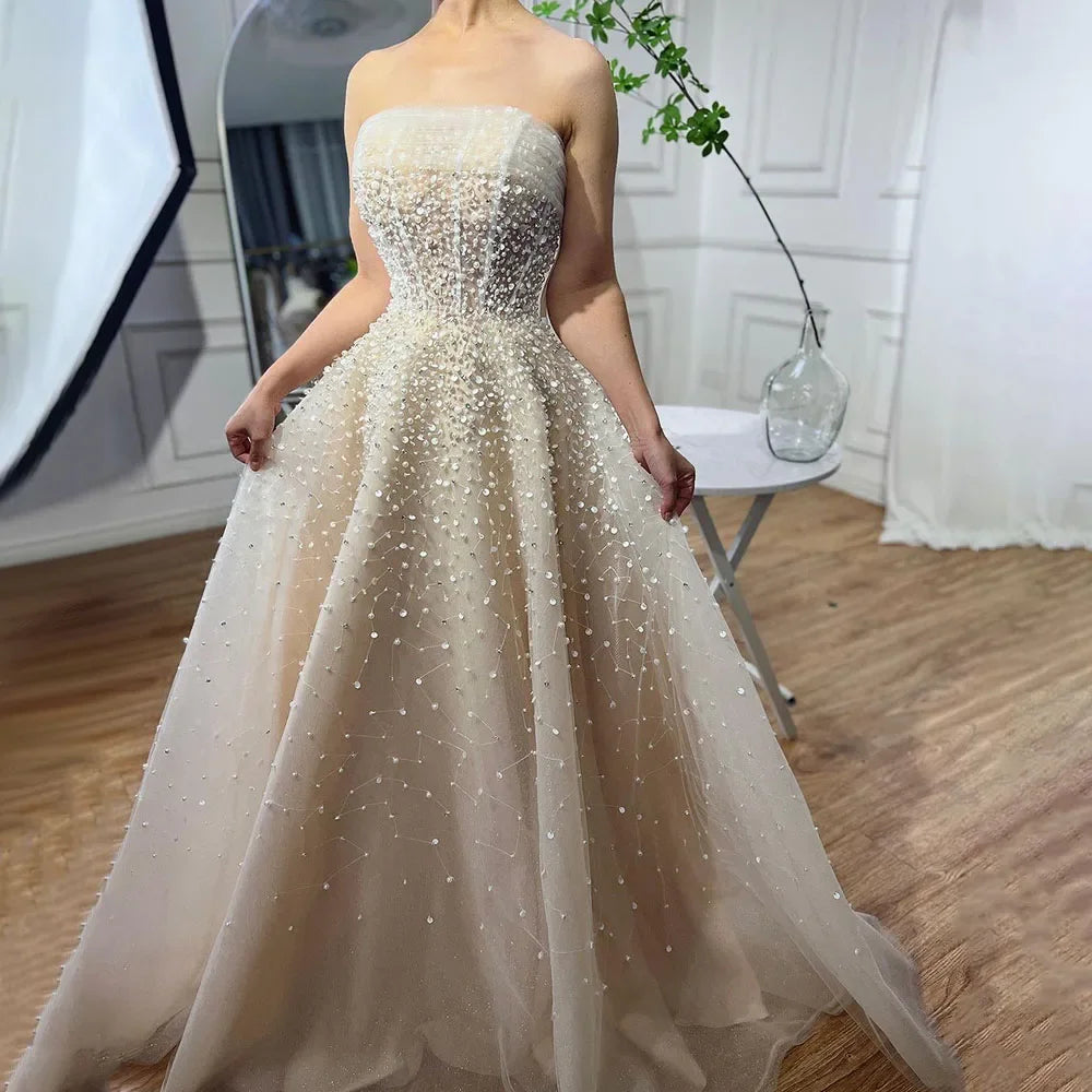 Vestidos de noche largos, elegantes, de corte A, color beige árabe, sin tirantes y con cuentas, para mujer, ideales para bodas y fiestas (2025) LA72009 