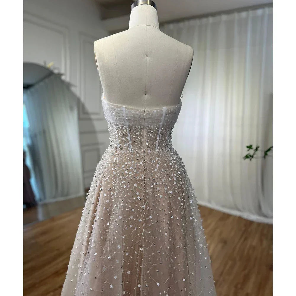Vestidos de noche largos, elegantes, de corte A, color beige árabe, sin tirantes y con cuentas, para mujer, ideales para bodas y fiestas (2025) LA72009 
