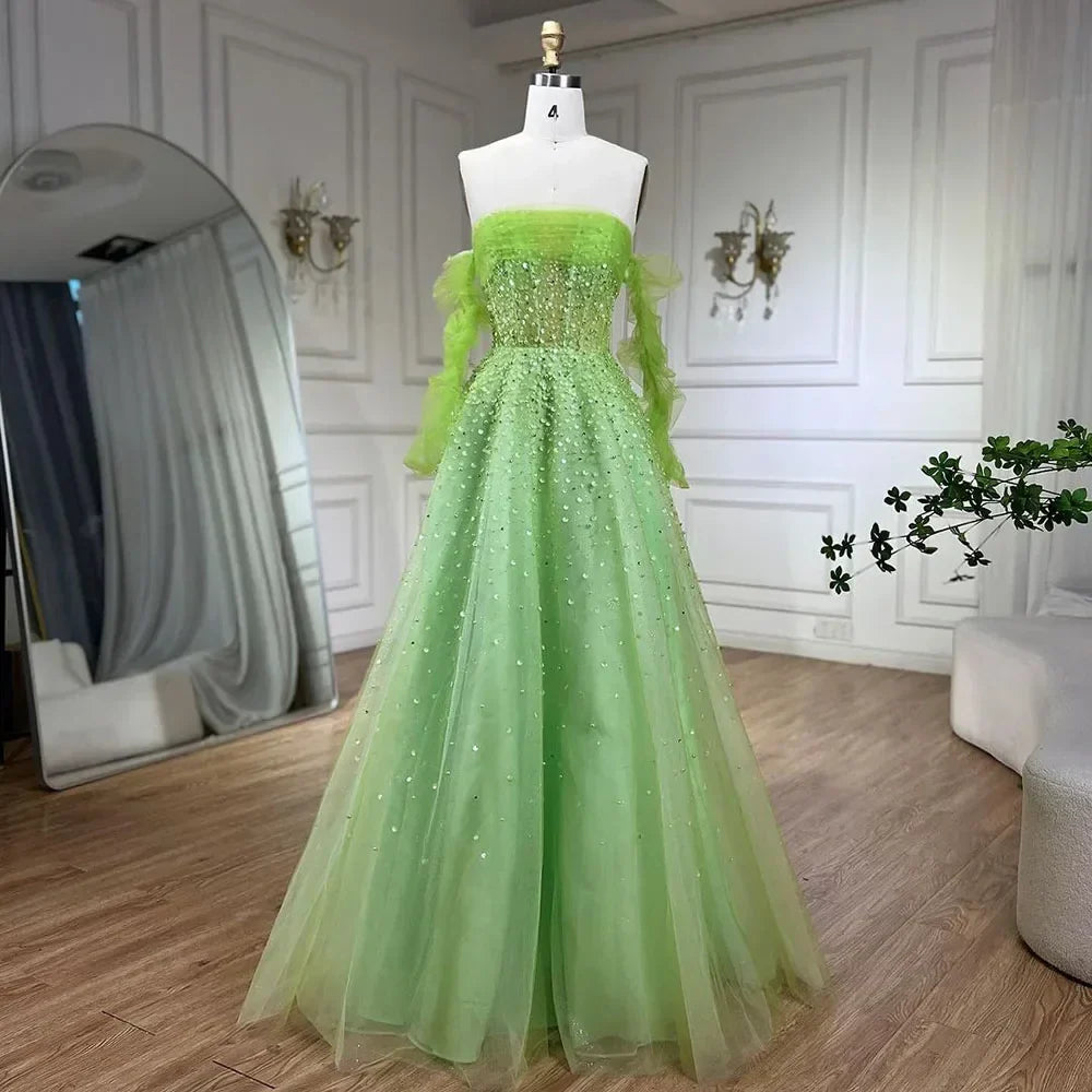 Vestidos de noche largos, elegantes, de corte A, color beige árabe, sin tirantes y con cuentas, para mujer, ideales para bodas y fiestas (2025) LA72009 