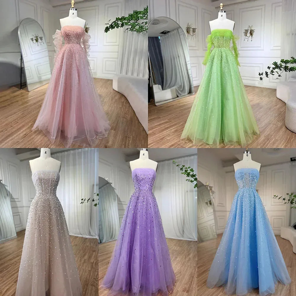 Vestidos de noche largos, elegantes, de corte A, color beige árabe, sin tirantes y con cuentas, para mujer, ideales para bodas y fiestas (2025) LA72009 