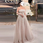 Vestidos de noche largos, elegantes, de corte A, color beige árabe, sin tirantes y con cuentas, para mujer, ideales para bodas y fiestas (2025) LA72009 