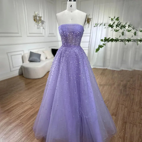 Arabic Beige Strapless Beaded Elegant A Line Long Evening Dresses Gowns For Women Wedding Party 2025 LA72009