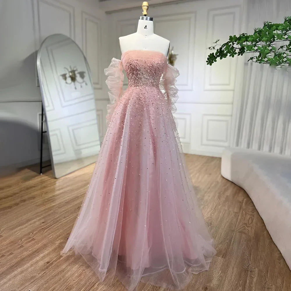 Vestidos de noche largos, elegantes, de corte A, color beige árabe, sin tirantes y con cuentas, para mujer, ideales para bodas y fiestas (2025) LA72009 