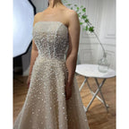 Vestidos de noche largos, elegantes, de corte A, color beige árabe, sin tirantes y con cuentas, para mujer, ideales para bodas y fiestas (2025) LA72009 