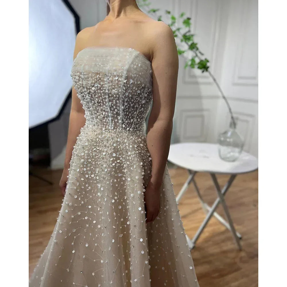 Vestidos de noche largos, elegantes, de corte A, color beige árabe, sin tirantes y con cuentas, para mujer, ideales para bodas y fiestas (2025) LA72009 