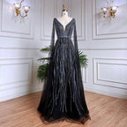 Vestidos largos de noche árabes negros de corte A con mangas tipo capa, escote en V y cuentas, para mujer, ideales para bodas y fiestas 2025 LA71960 