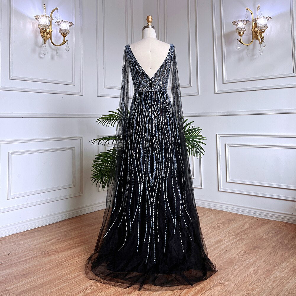 Vestidos largos de noche árabes negros de corte A con mangas tipo capa, escote en V y cuentas, para mujer, ideales para bodas y fiestas 2025 LA71960 