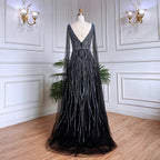 Vestidos largos de noche árabes negros de corte A con mangas tipo capa, escote en V y cuentas, para mujer, ideales para bodas y fiestas 2025 LA71960 