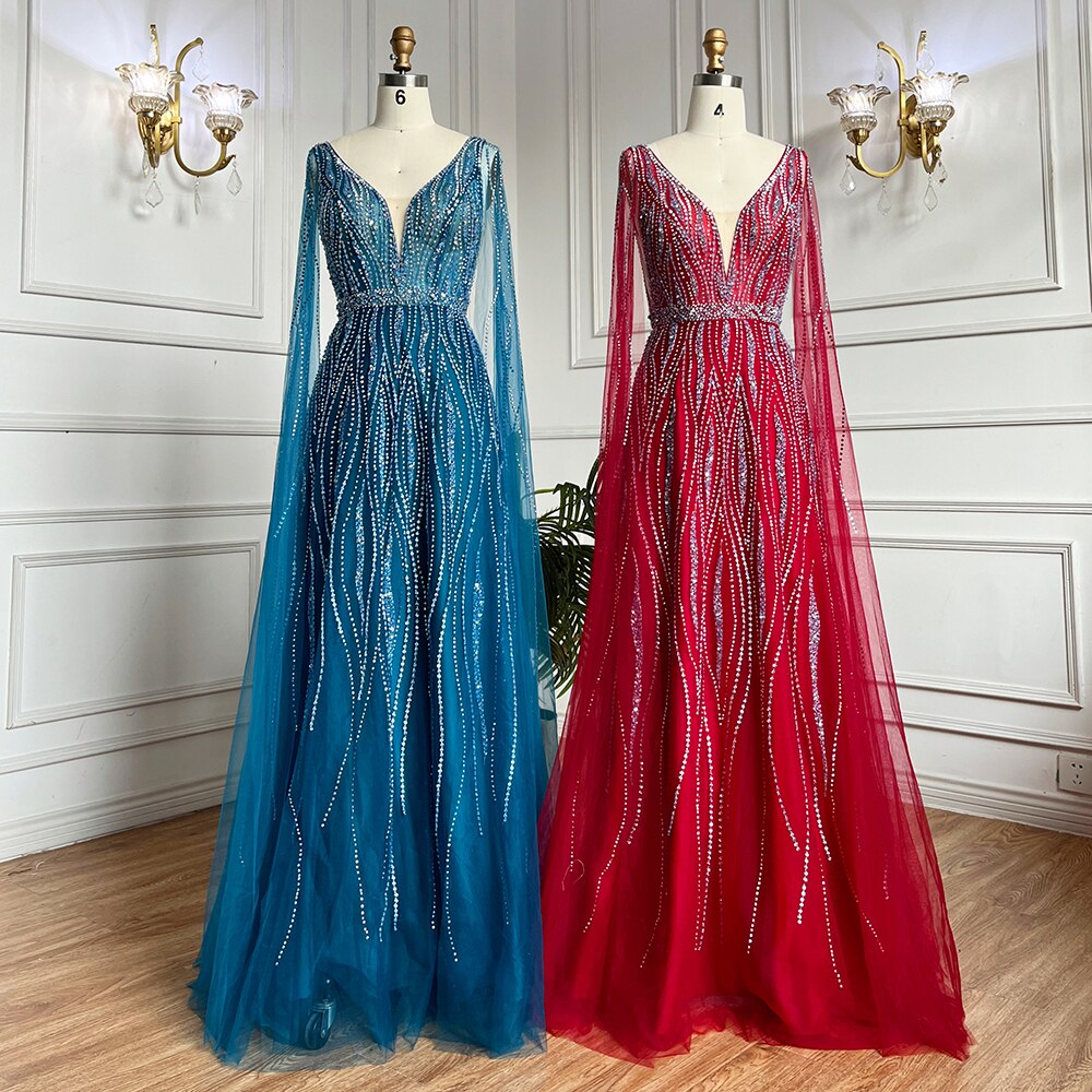 Vestidos largos de noche árabes negros de corte A con mangas tipo capa, escote en V y cuentas, para mujer, ideales para bodas y fiestas 2025 LA71960 