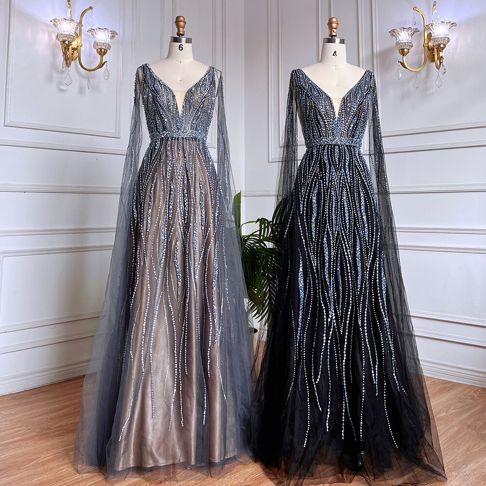 Vestidos largos de noche árabes negros de corte A con mangas tipo capa, escote en V y cuentas, para mujer, ideales para bodas y fiestas 2025 LA71960 