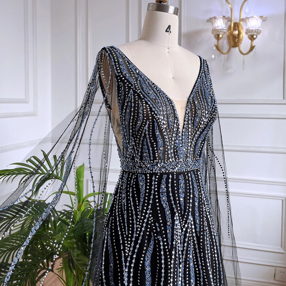 Vestidos largos de noche árabes negros de corte A con mangas tipo capa, escote en V y cuentas, para mujer, ideales para bodas y fiestas 2025 LA71960 
