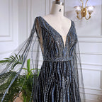 Vestidos largos de noche árabes negros de corte A con mangas tipo capa, escote en V y cuentas, para mujer, ideales para bodas y fiestas 2025 LA71960 