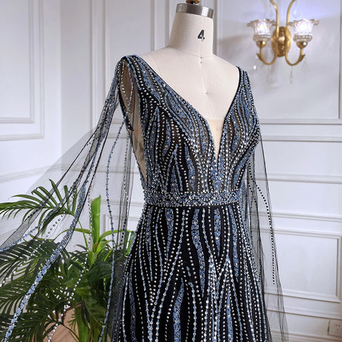 Arabic Black A Line Cape Sleeves V Neck Beaded Long Evening Dresses Gowns For Women Wedding Party 2025 LA71960