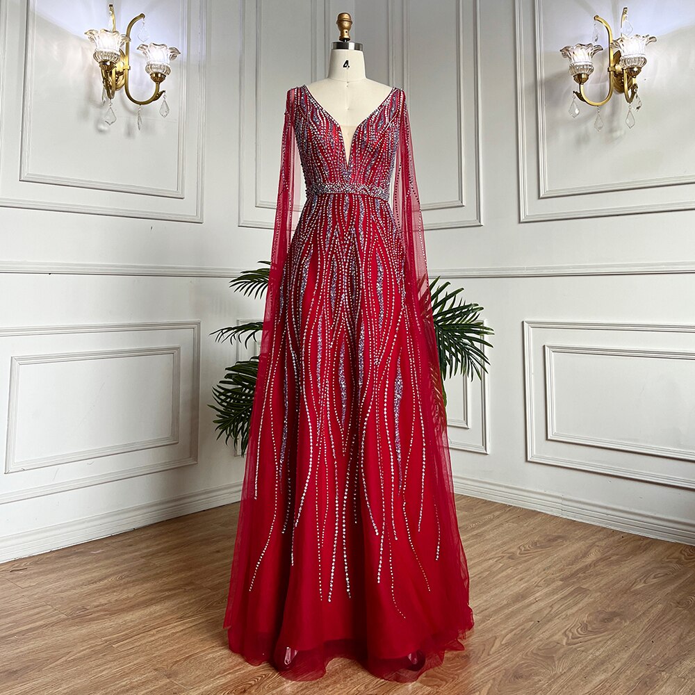 Vestidos largos de noche árabes negros de corte A con mangas tipo capa, escote en V y cuentas, para mujer, ideales para bodas y fiestas 2025 LA71960 