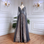 Vestidos largos de noche árabes negros de corte A con mangas tipo capa, escote en V y cuentas, para mujer, ideales para bodas y fiestas 2025 LA71960 
