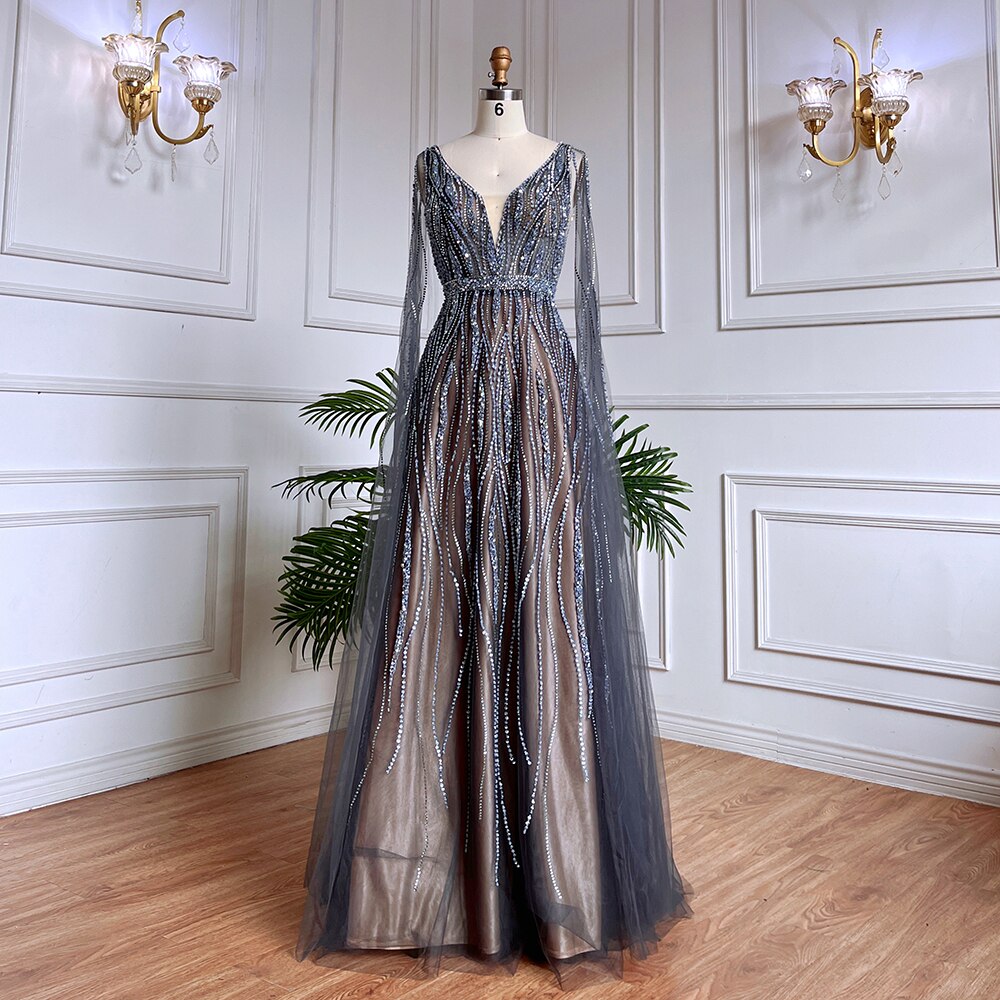 Vestidos largos de noche árabes negros de corte A con mangas tipo capa, escote en V y cuentas, para mujer, ideales para bodas y fiestas 2025 LA71960 