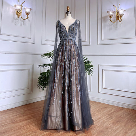 Arabic Black A Line Cape Sleeves V Neck Beaded Long Evening Dresses Gowns For Women Wedding Party 2025 LA71960