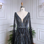 Vestidos largos de noche árabes negros de corte A con mangas tipo capa, escote en V y cuentas, para mujer, ideales para bodas y fiestas 2025 LA71960 