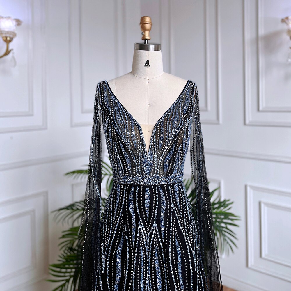 Vestidos largos de noche árabes negros de corte A con mangas tipo capa, escote en V y cuentas, para mujer, ideales para bodas y fiestas 2025 LA71960 