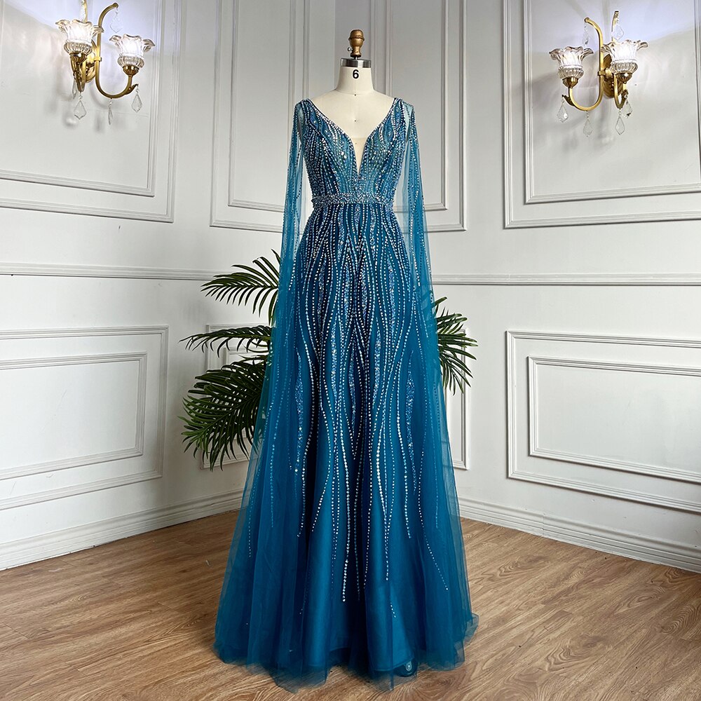 Vestidos largos de noche árabes negros de corte A con mangas tipo capa, escote en V y cuentas, para mujer, ideales para bodas y fiestas 2025 LA71960 