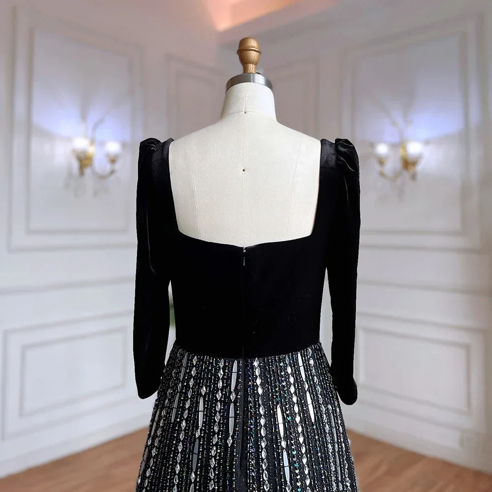 Vestidos de noche de lujo, corte A, hombros descubiertos, brillantes, con cuentas, estilo árabe, color negro, para mujer, ideales para bodas y fiestas (2025) LA71826A 