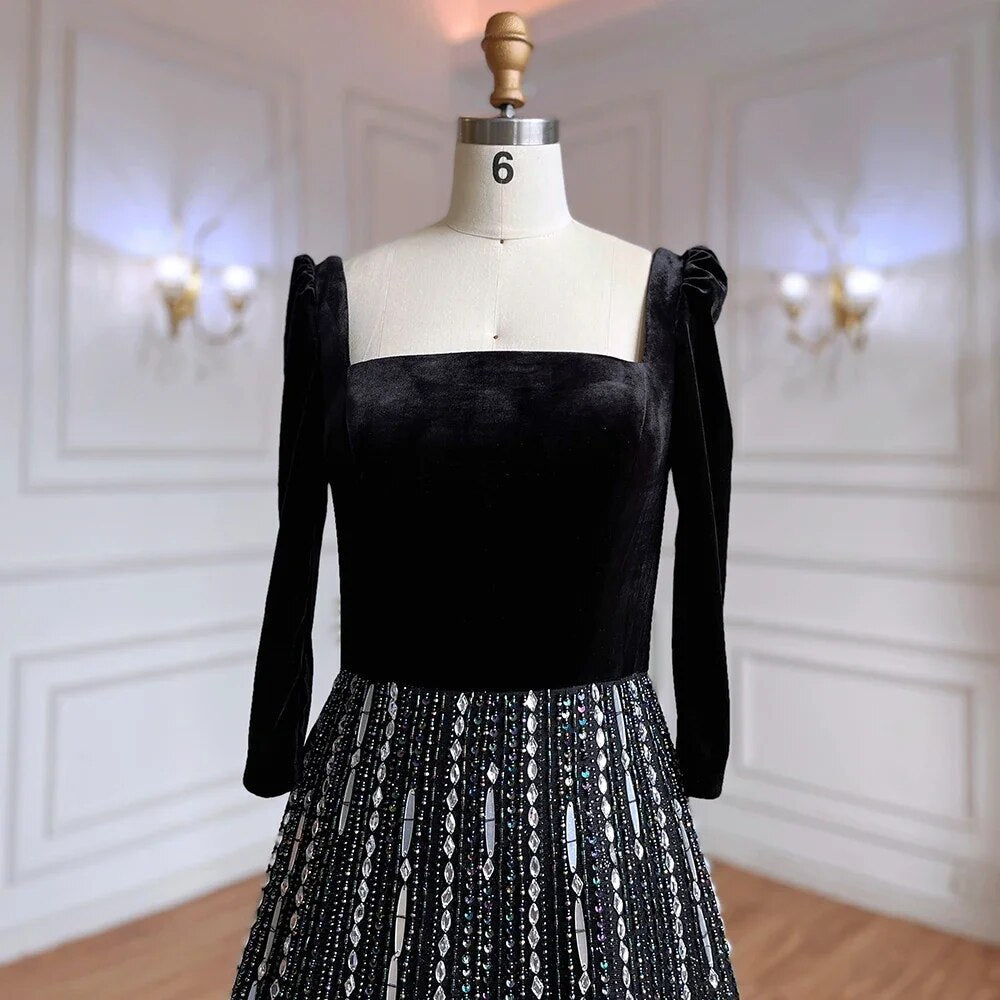 Vestidos de noche de lujo, corte A, hombros descubiertos, brillantes, con cuentas, estilo árabe, color negro, para mujer, ideales para bodas y fiestas (2025) LA71826A 