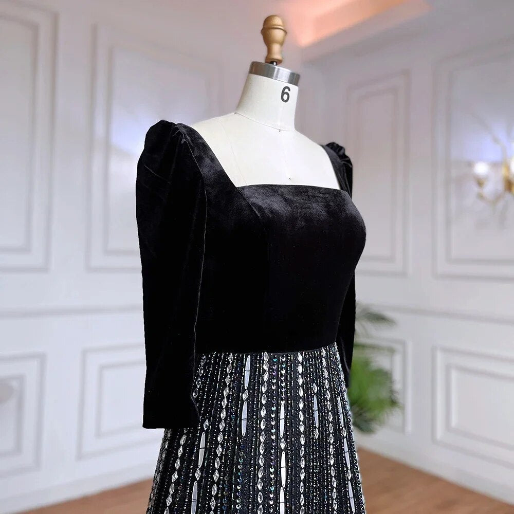 Vestidos de noche de lujo, corte A, hombros descubiertos, brillantes, con cuentas, estilo árabe, color negro, para mujer, ideales para bodas y fiestas (2025) LA71826A 