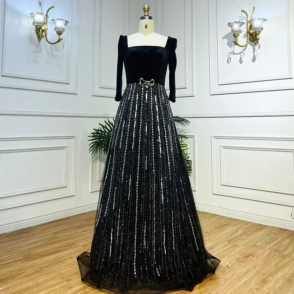 Vestidos de noche de lujo, corte A, hombros descubiertos, brillantes, con cuentas, estilo árabe, color negro, para mujer, ideales para bodas y fiestas (2025) LA71826A 