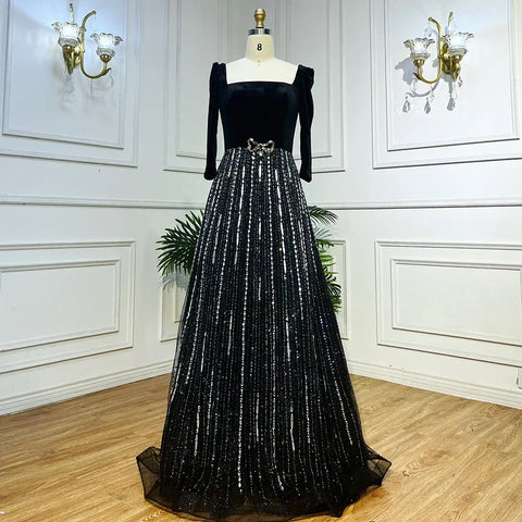 Arabic Black A Line Off  Shoulder Shiny Beaded Luxury Evening Dresses Gowns For Women Wedding Party 2025 LA71826A