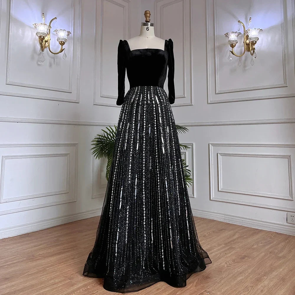Vestidos de noche de lujo, corte A, hombros descubiertos, brillantes, con cuentas, estilo árabe, color negro, para mujer, ideales para bodas y fiestas (2025) LA71826A 