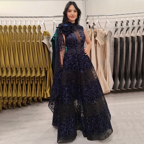 Arabic Black A Line Sexy Lace Cape Sleeves Beaded Luxury Evening Dresses Gowns For Women Wedding Party 2025 LA71951