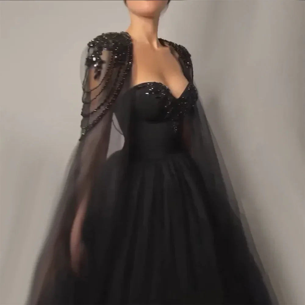 Vestidos de noche elegantes de corte A, estilo árabe, con mangas tipo capa, cordones y cuentas, ideales para bodas y fiestas (2025) LA72392 