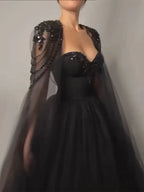 Vestidos de noche elegantes de corte A, estilo árabe, con mangas tipo capa, cordones y cuentas, ideales para bodas y fiestas (2025) LA72392 
