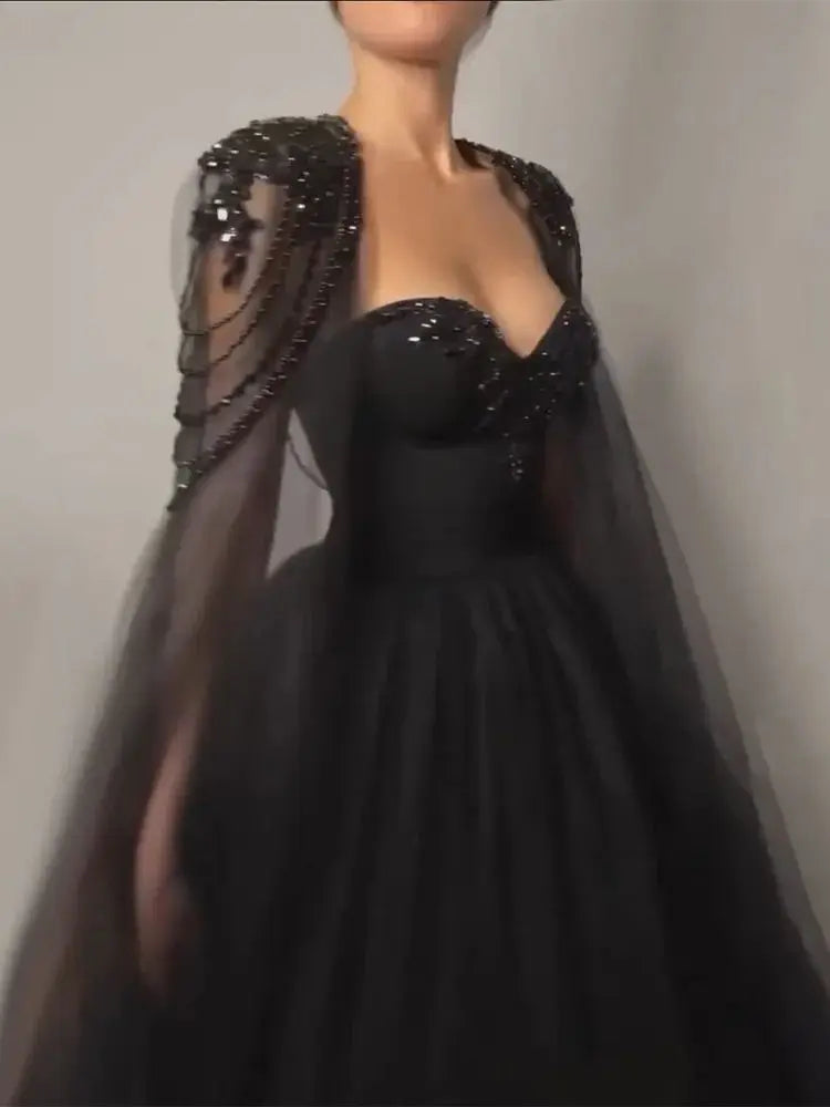 Vestidos de noche elegantes de corte A, estilo árabe, con mangas tipo capa, cordones y cuentas, ideales para bodas y fiestas (2025) LA72392 