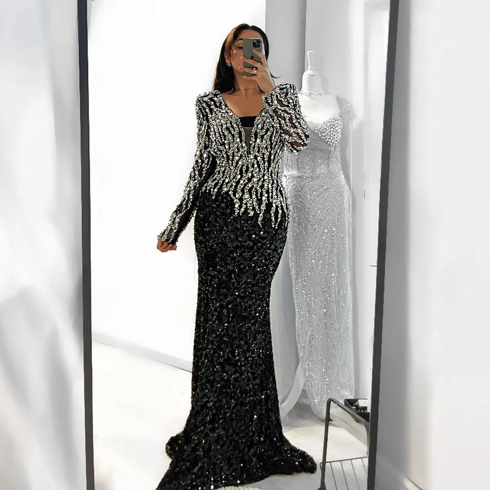 Vestidos de noche de lujo, elegantes, negros, estilo sirena, con cuentas, de estilo árabe, para mujer, ideales para bodas y fiestas (2025) LA72220 