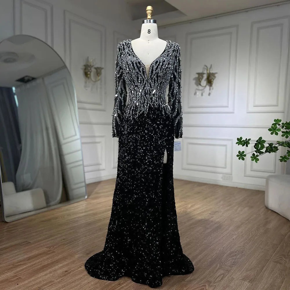 Vestidos de noche de lujo, elegantes, negros, estilo sirena, con cuentas, de estilo árabe, para mujer, ideales para bodas y fiestas (2025) LA72220 