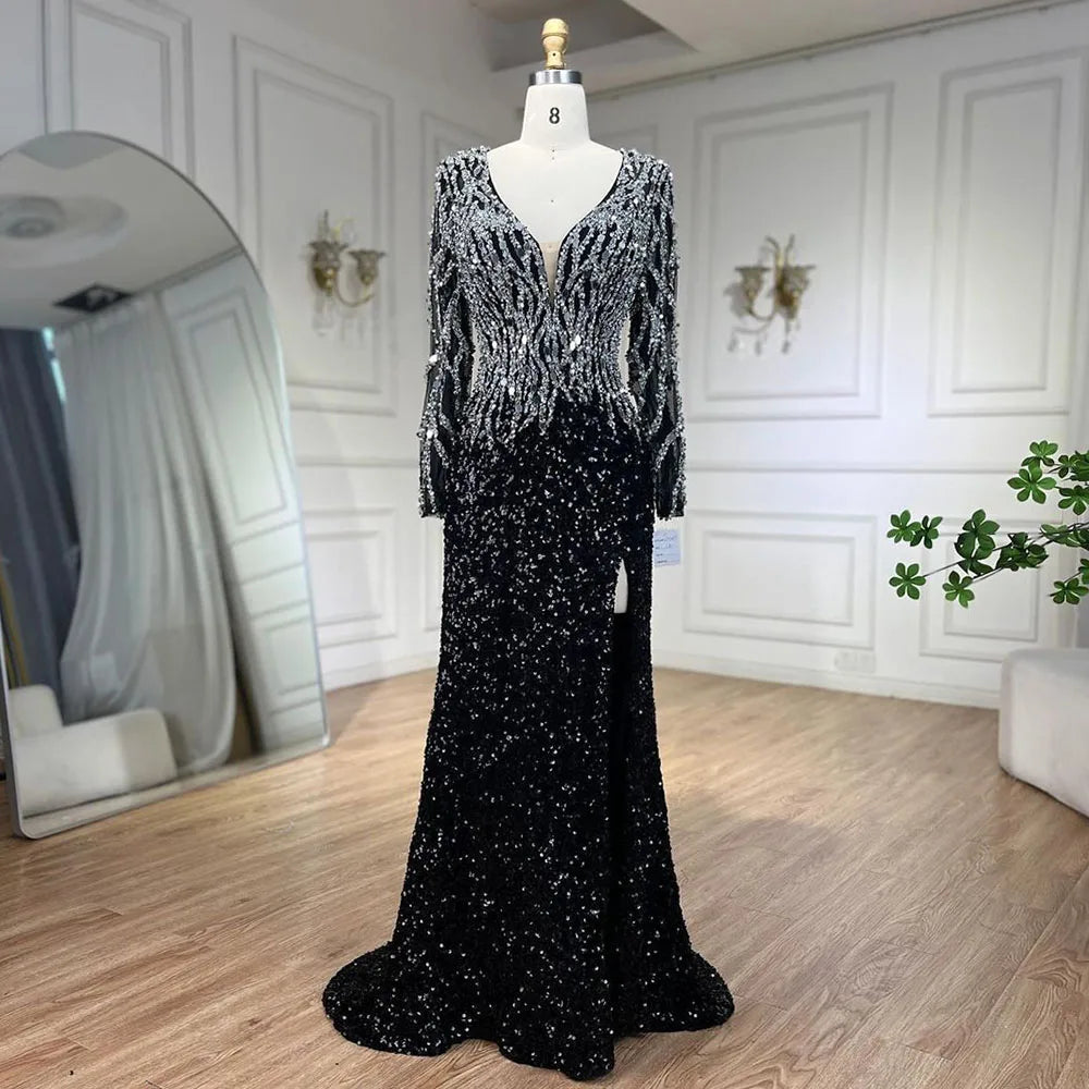 Vestidos de noche de lujo, elegantes, negros, estilo sirena, con cuentas, de estilo árabe, para mujer, ideales para bodas y fiestas (2025) LA72220 