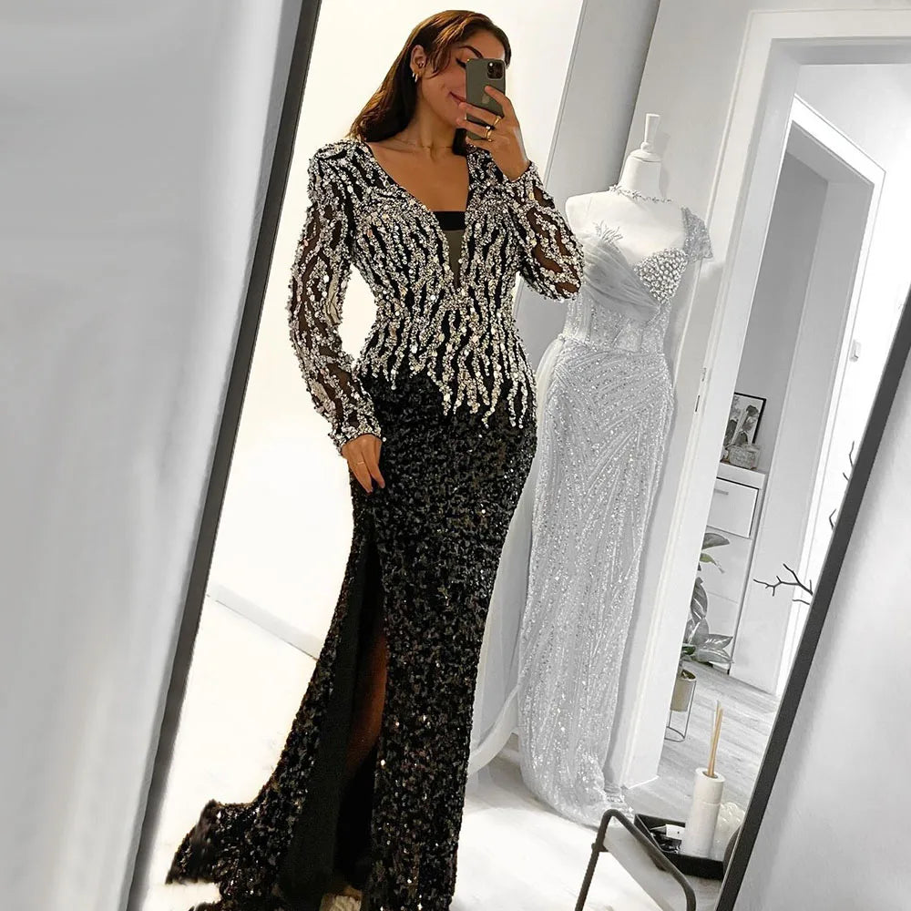 Vestidos de noche de lujo, elegantes, negros, estilo sirena, con cuentas, de estilo árabe, para mujer, ideales para bodas y fiestas (2025) LA72220 