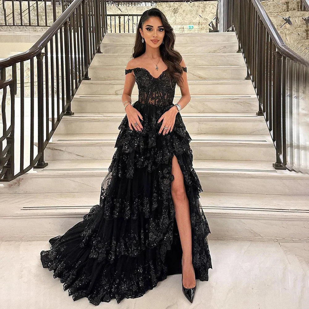 Vestidos de noche árabes negros con abertura alta, tirantes finos, corte en A, encaje y cuentas, para mujer, ideales para bodas y fiestas (LA72586) 