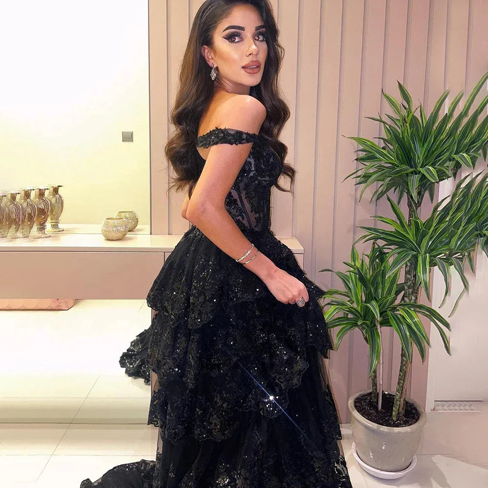 Vestidos de noche árabes negros con abertura alta, tirantes finos, corte en A, encaje y cuentas, para mujer, ideales para bodas y fiestas (LA72586) 