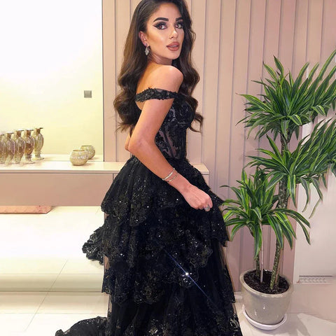 Arabic Black High Split Spaghetti Strap A Line Lace Beaded  Evening Dresses Gowns For Women Wedding Party LA72586