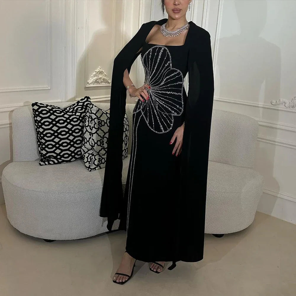 Vestido de noche de lujo estilo sirena, elegante, con mangas capa, bordado en satén y cuentas, estilo árabe, ideal para fiestas y eventos en Dubái (LA72461) 